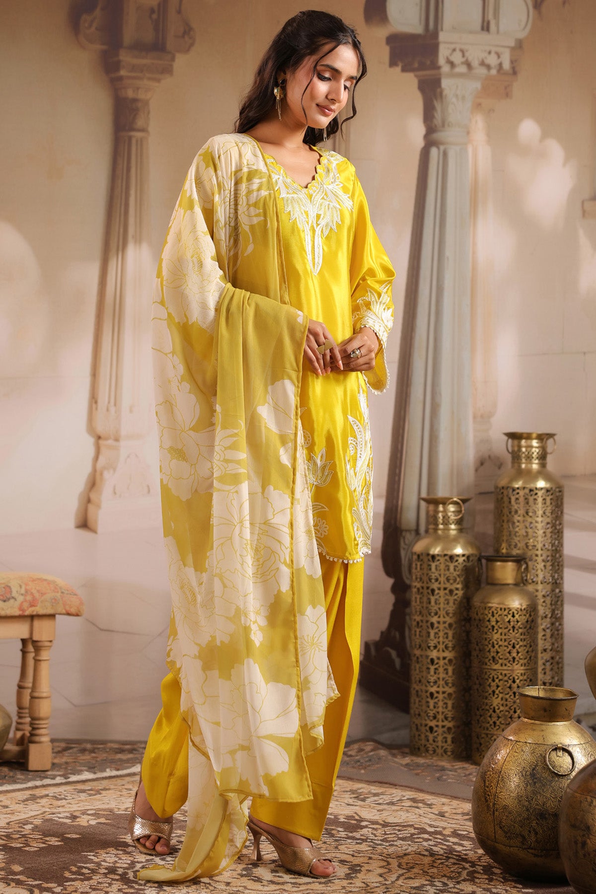 Yellow Silk Blend Embroidered Suit Set