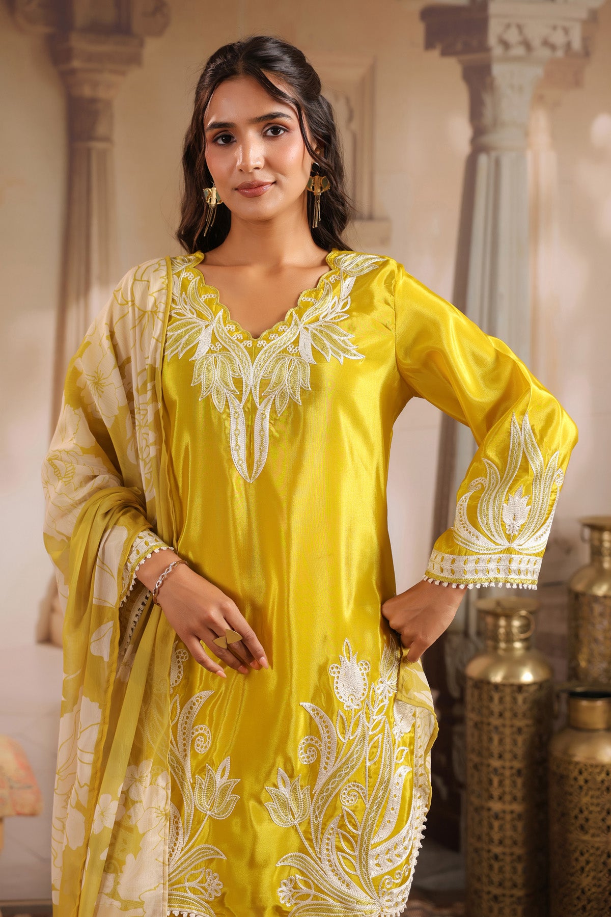 Yellow Silk Blend Embroidered Suit Set