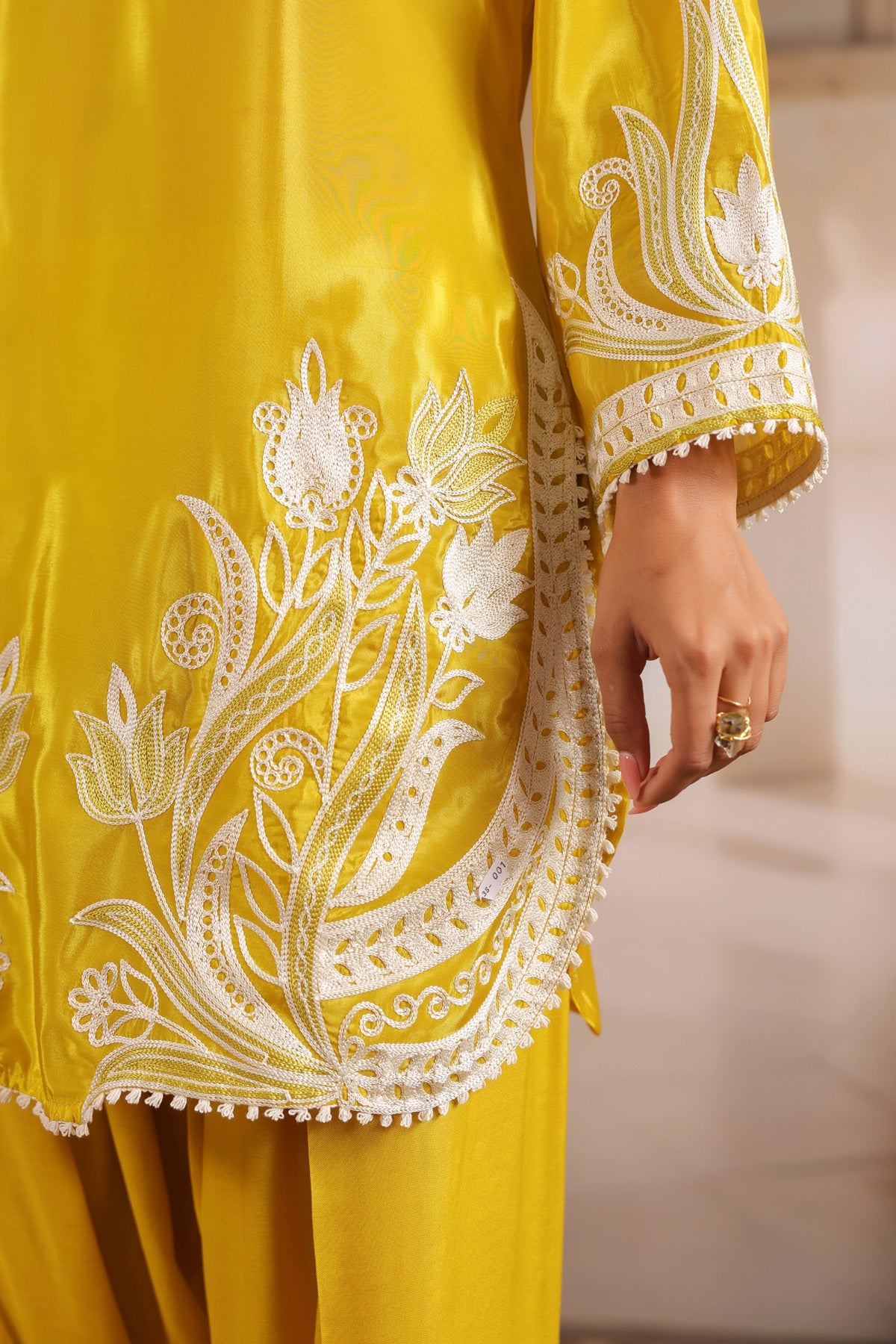 Yellow Silk Blend Embroidered Suit Set