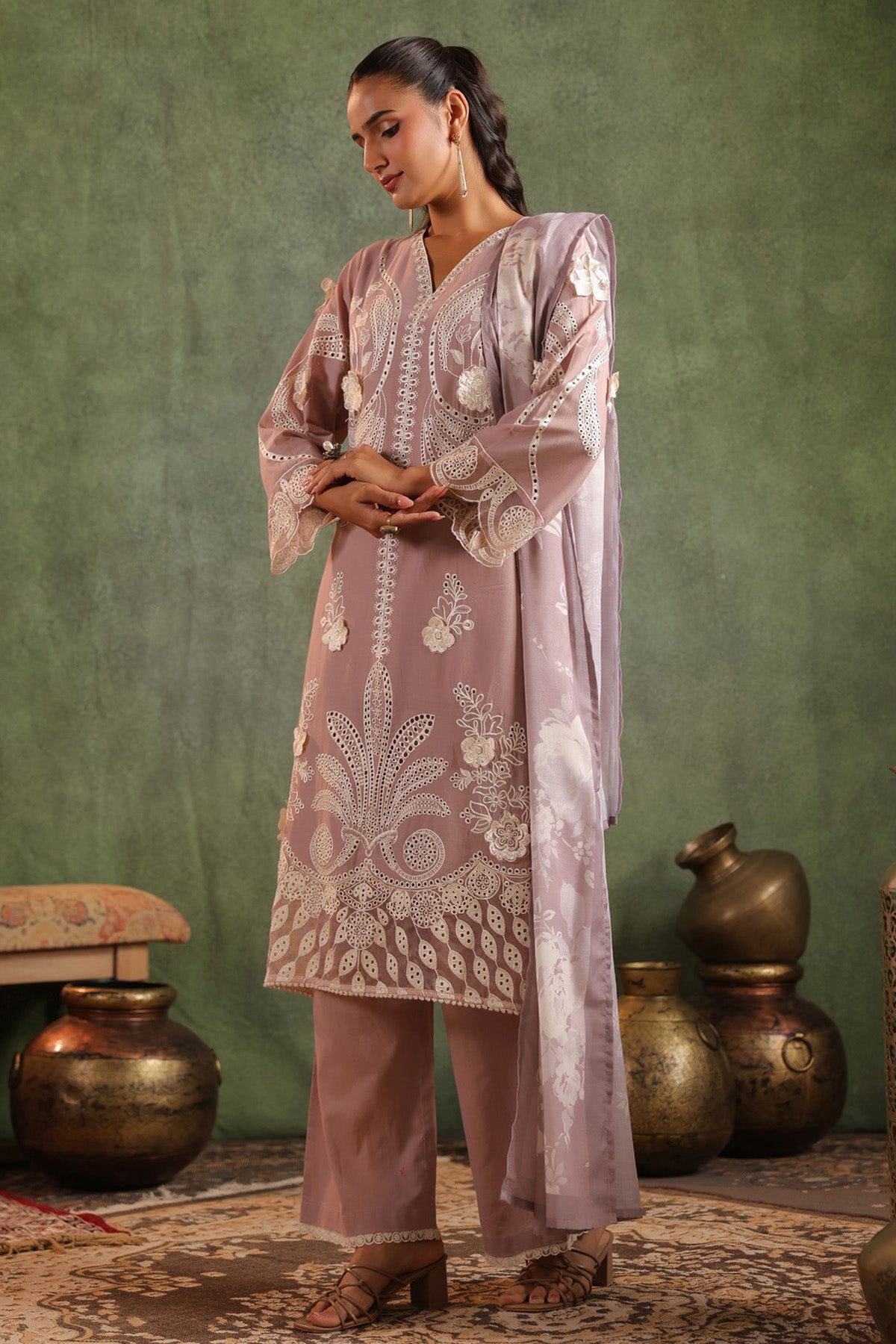 Brown Cotton Embroidered Suit Set
