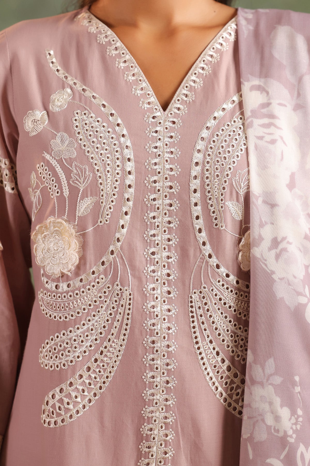 Brown Cotton Embroidered Suit Set