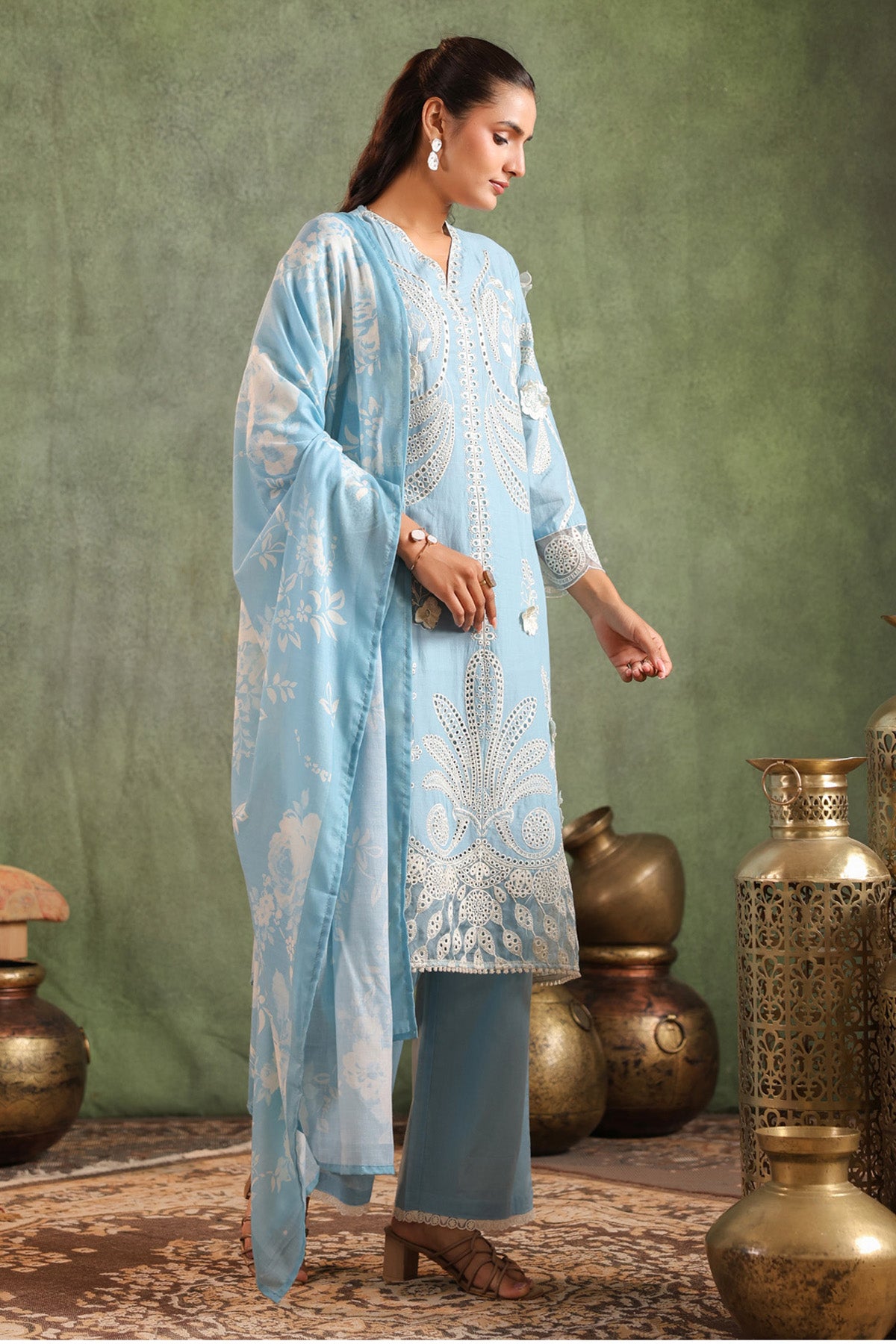 Sky Cotton Embroidered Suit Set