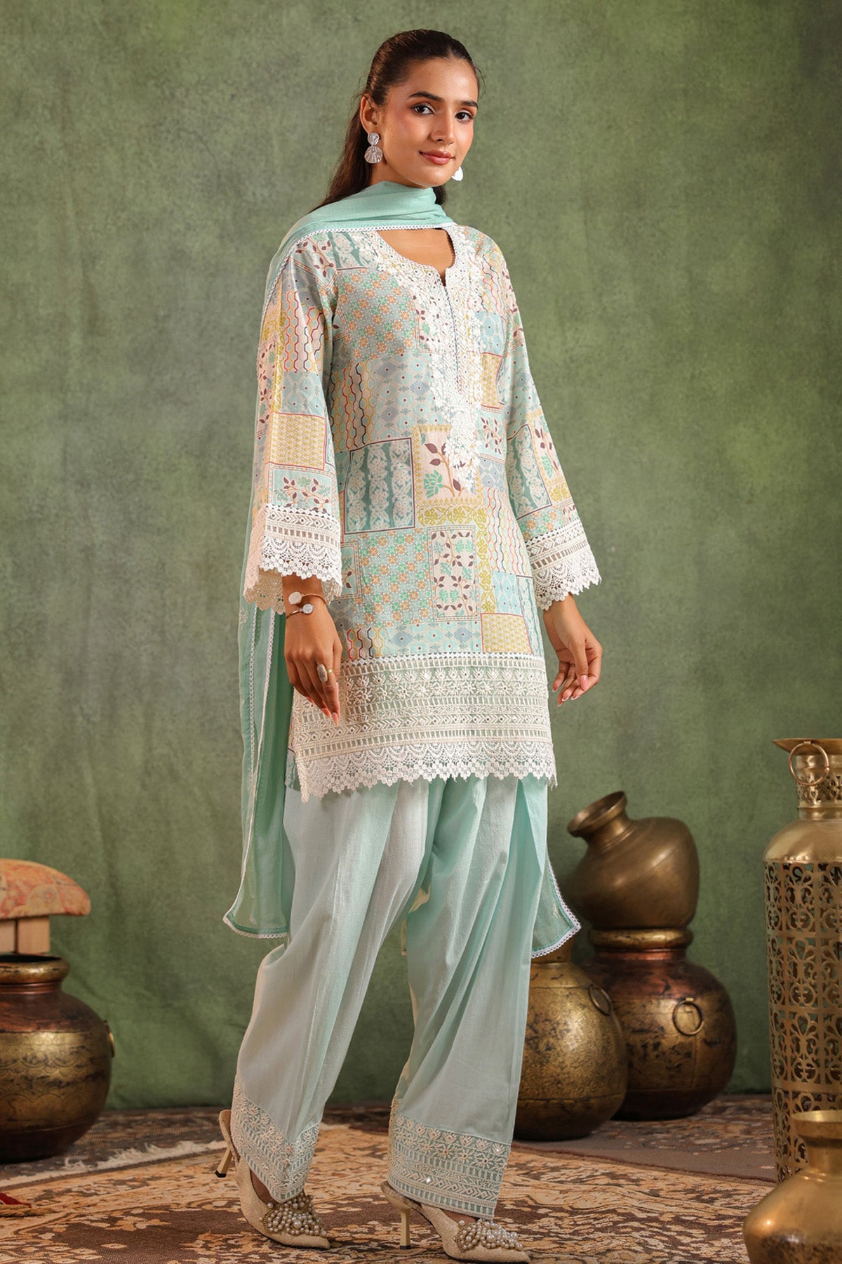 Sea Green Cotton Embroidered Suit Set