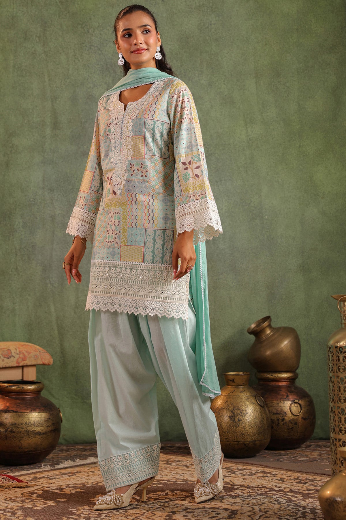 Sea Green Cotton Embroidered Suit Set