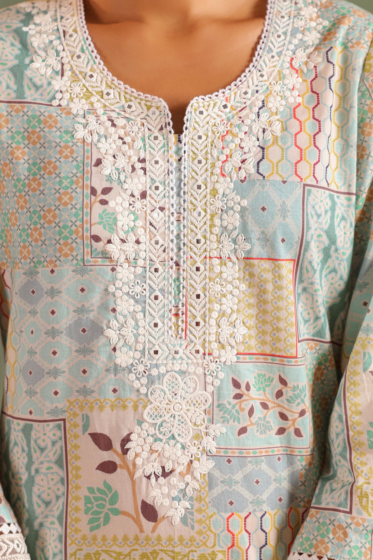 Sea Green Cotton Embroidered Suit Set