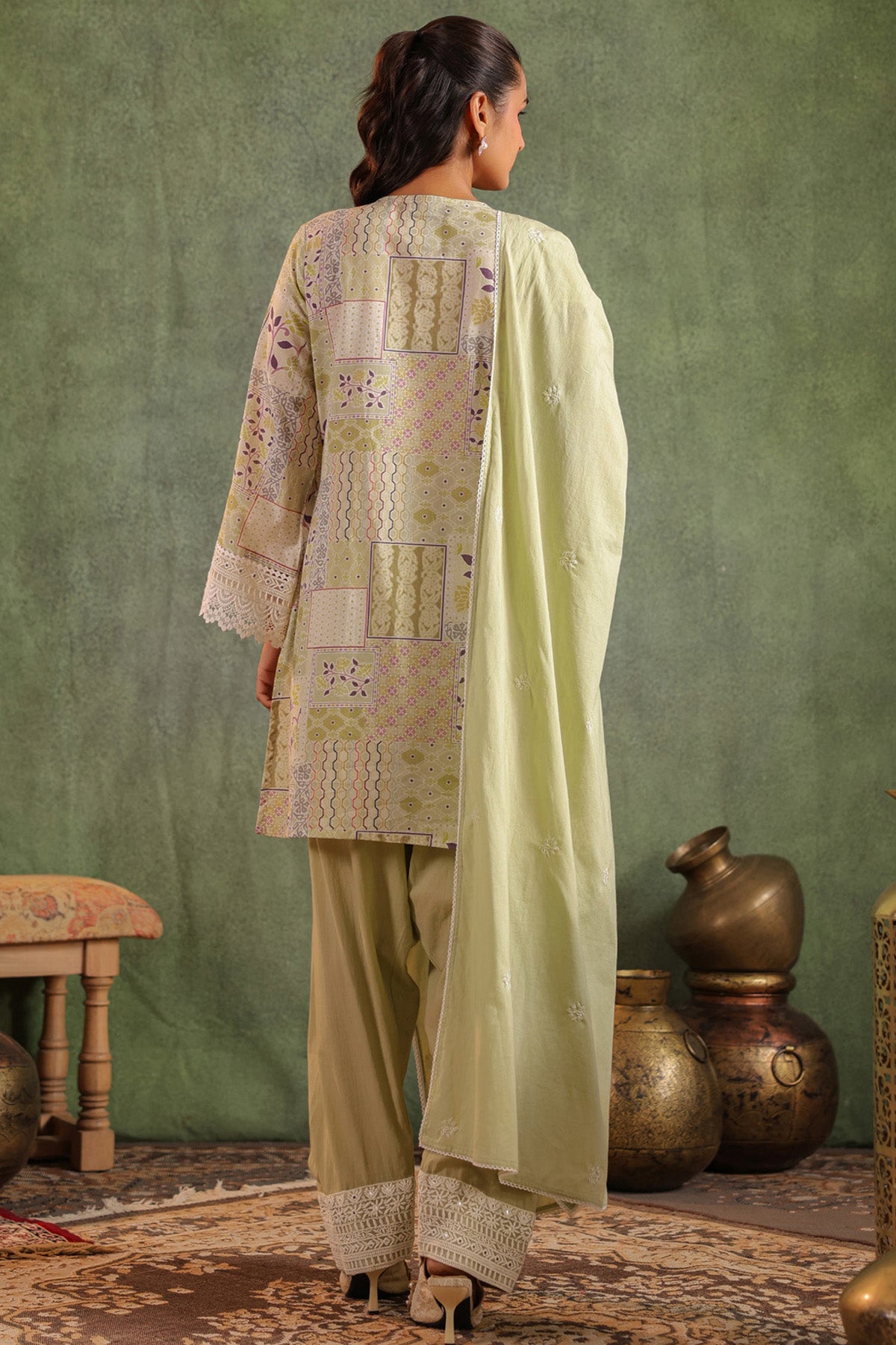 Olive Green Cotton Embroidered Suit Set