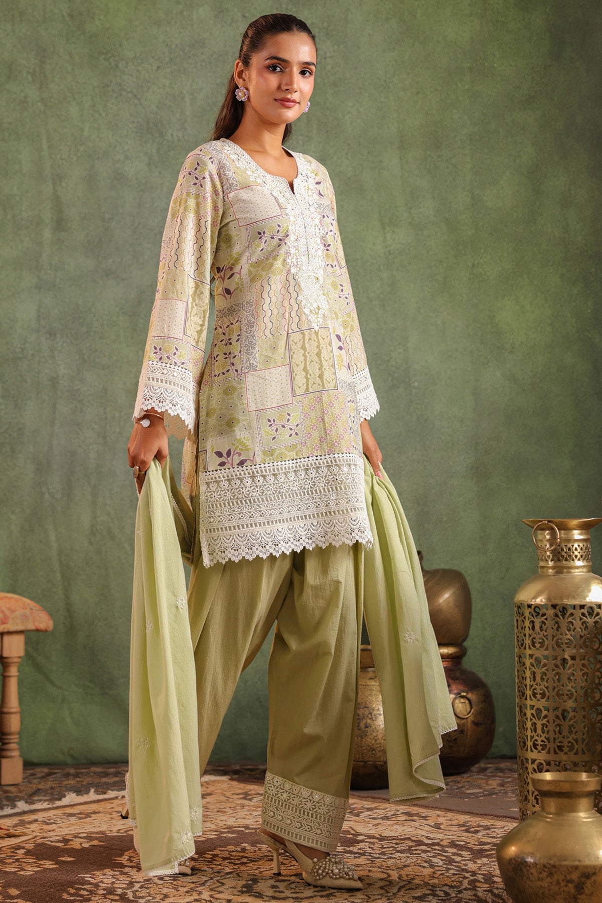 Olive Green Cotton Embroidered Suit Set