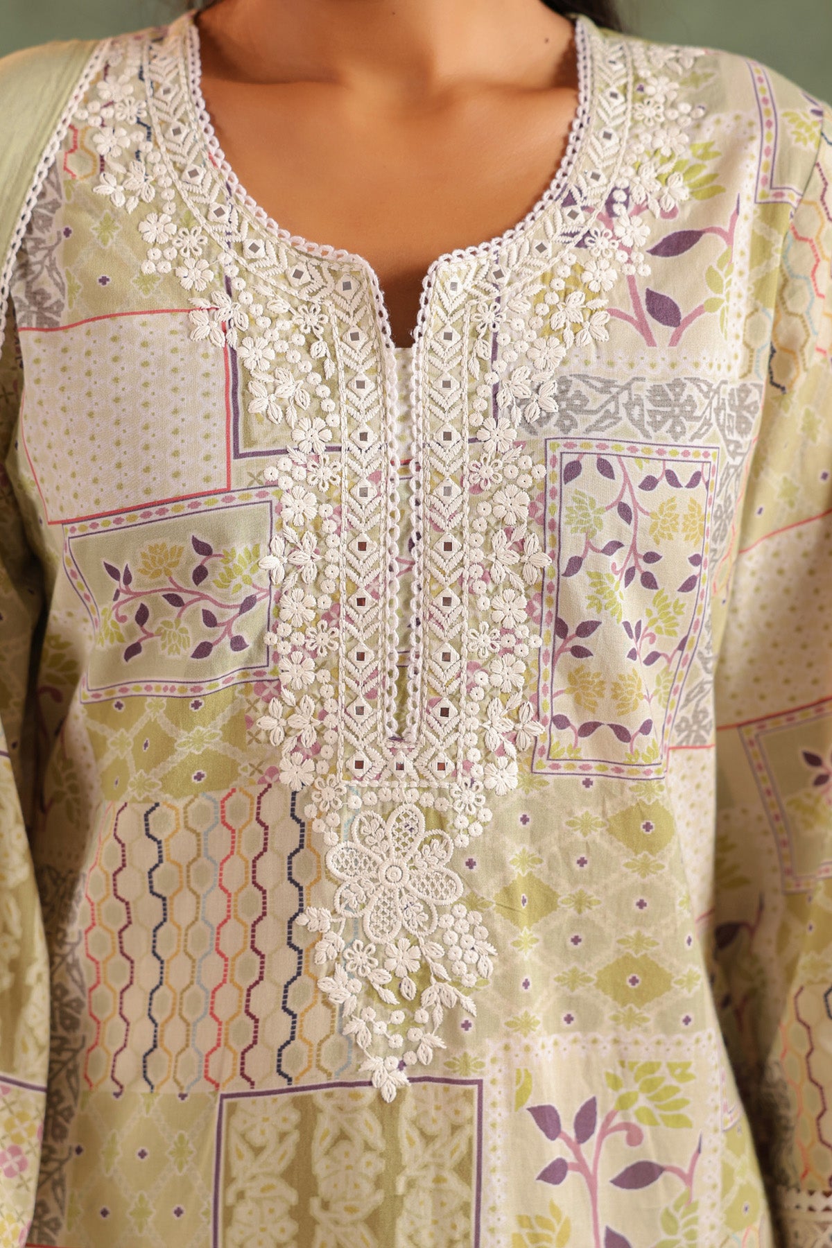 Olive Green Cotton Embroidered Suit Set