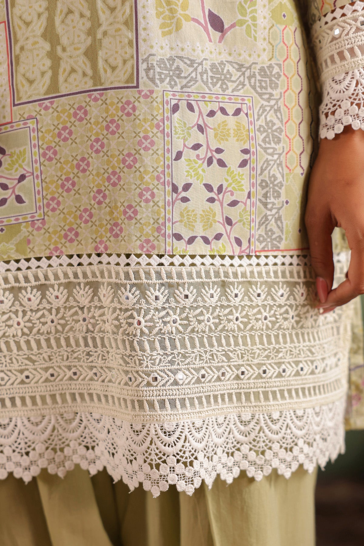 Olive Green Cotton Embroidered Suit Set