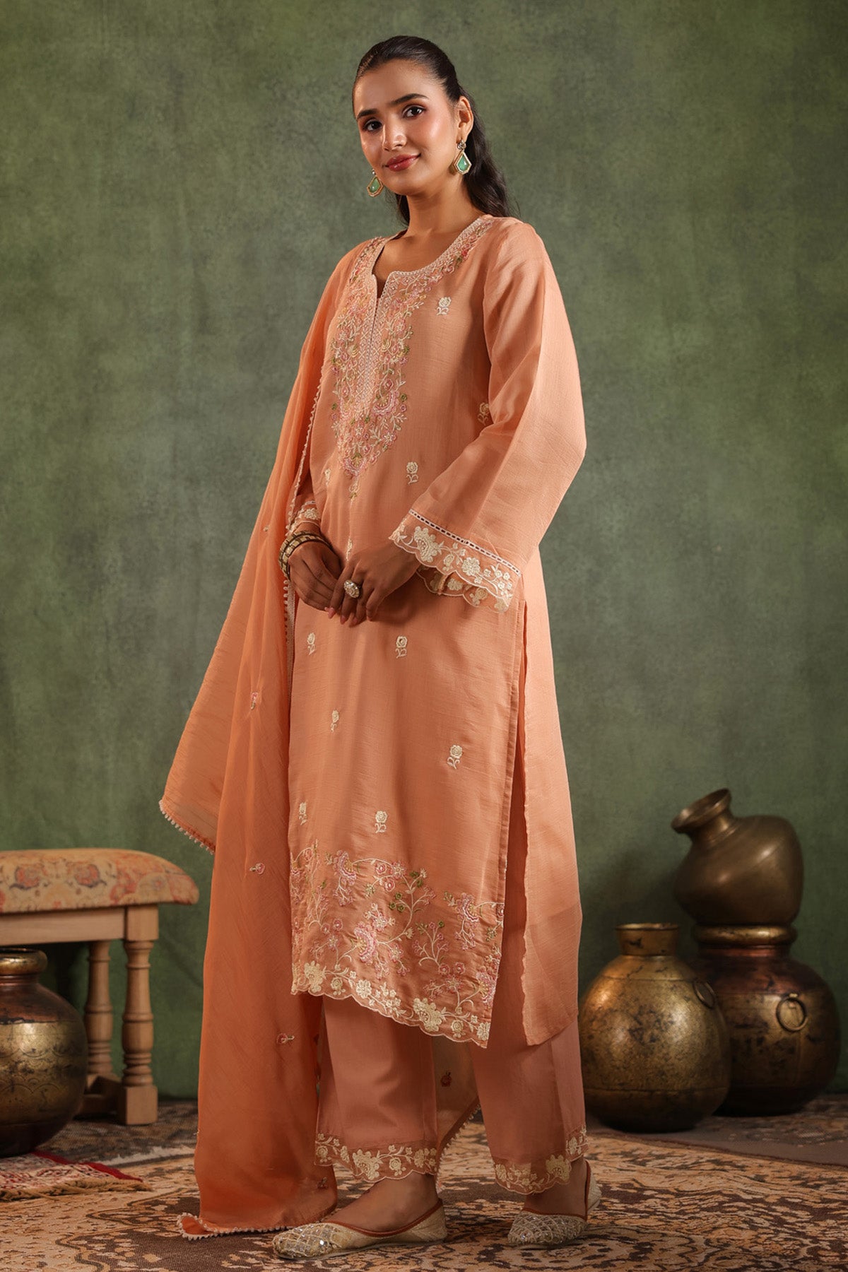Peach Orange Mal Chanderi Embroidered Straight Suit Set With Dupatta