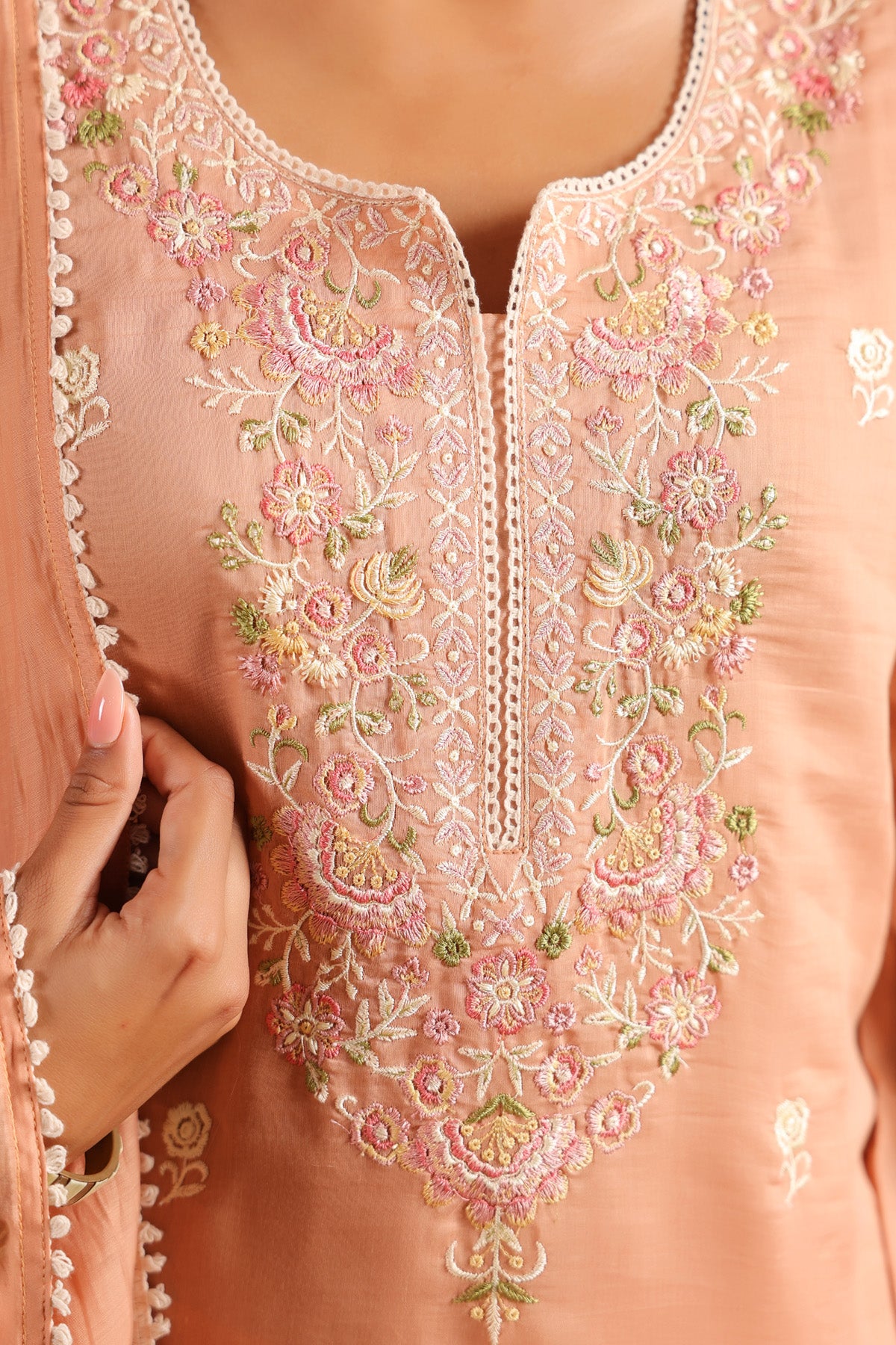 Peach Orange Mal Chanderi Embroidered Straight Suit Set With Dupatta