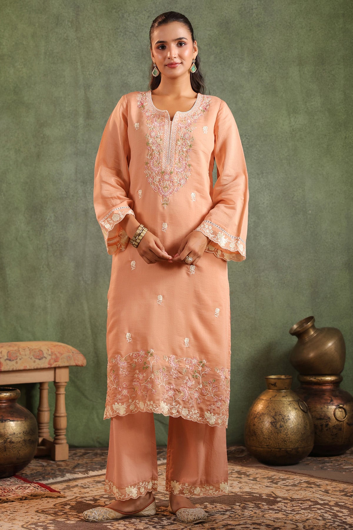 Peach Orange Mal Chanderi Embroidered Straight Suit Set With Dupatta
