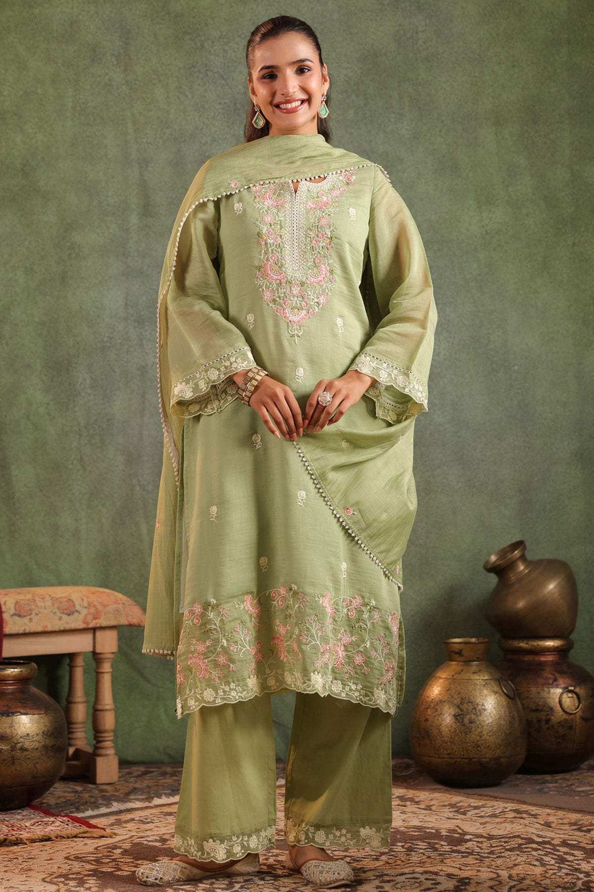 Sage Green Mal Chanderi Embroidered Straight Suit Set With Dupatta