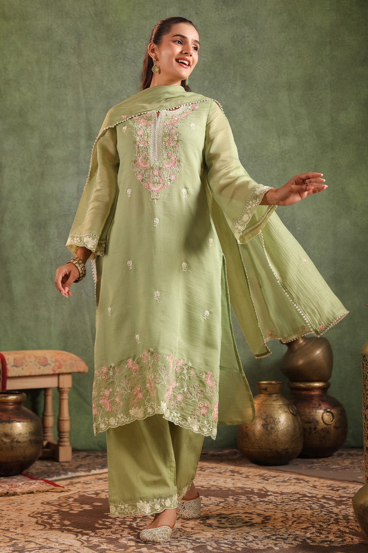 Sage Green Mal Chanderi Embroidered Straight Suit Set With Dupatta