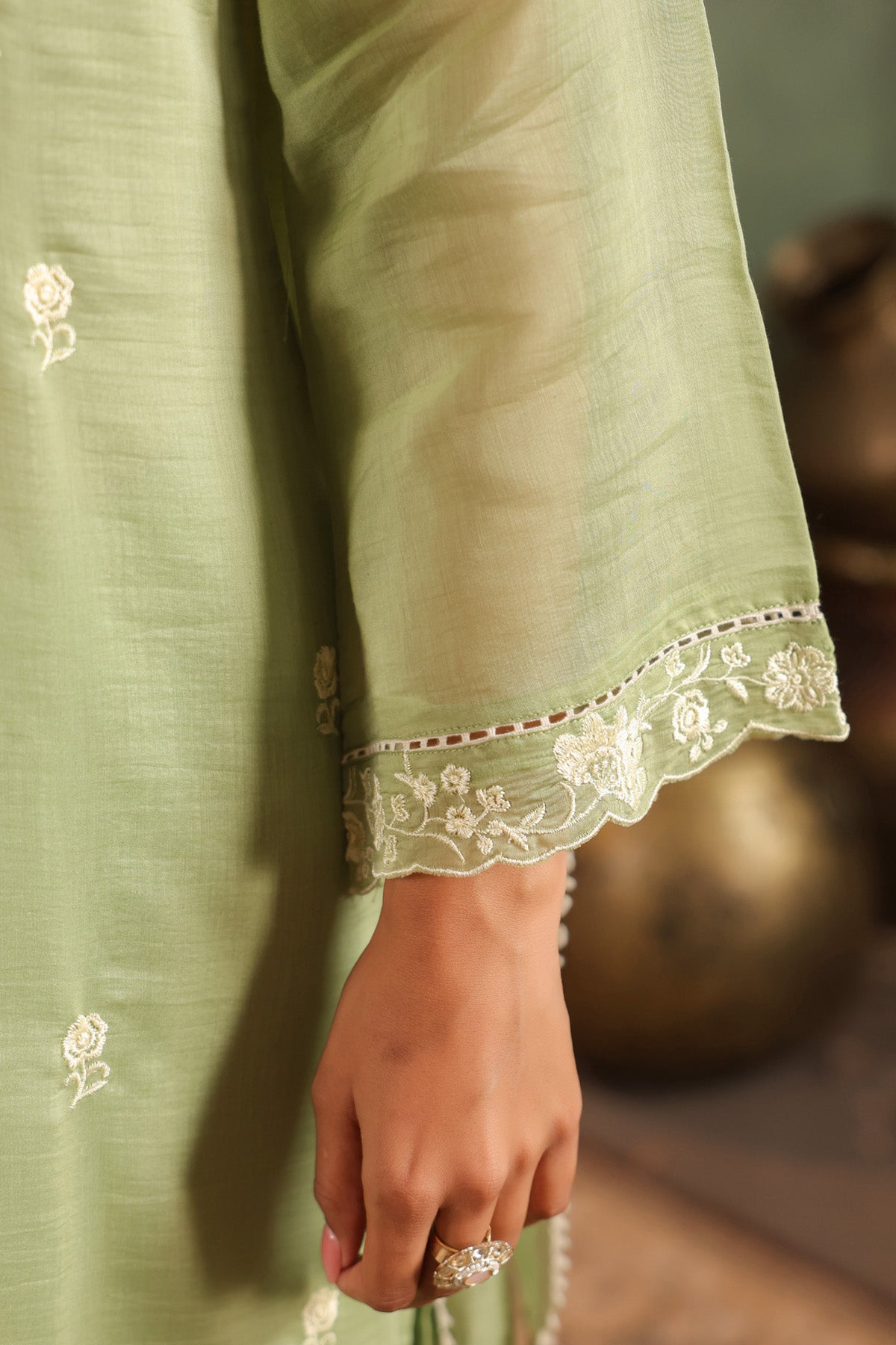 Sage Green Mal Chanderi Embroidered Straight Suit Set With Dupatta