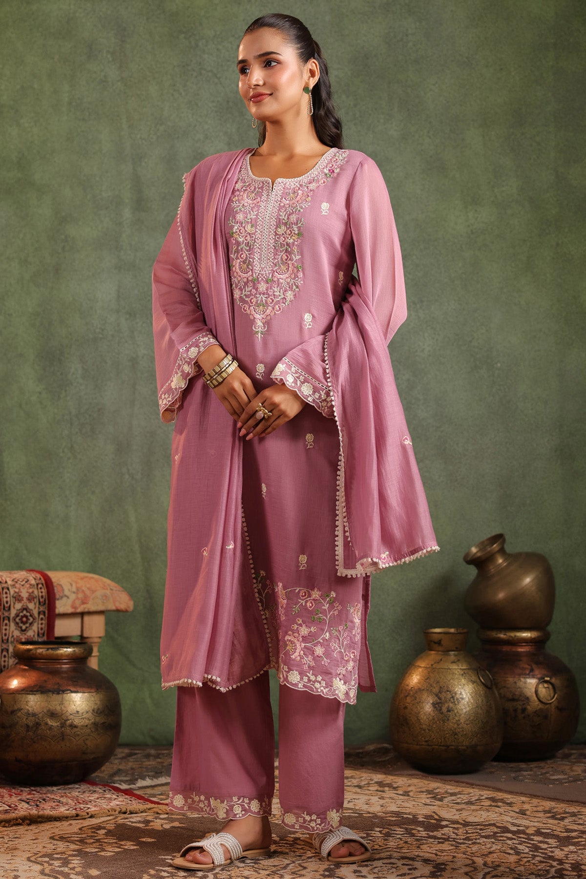 Mauve Pink Mal Chanderi Embroidered Straight Suit Set With Dupatta