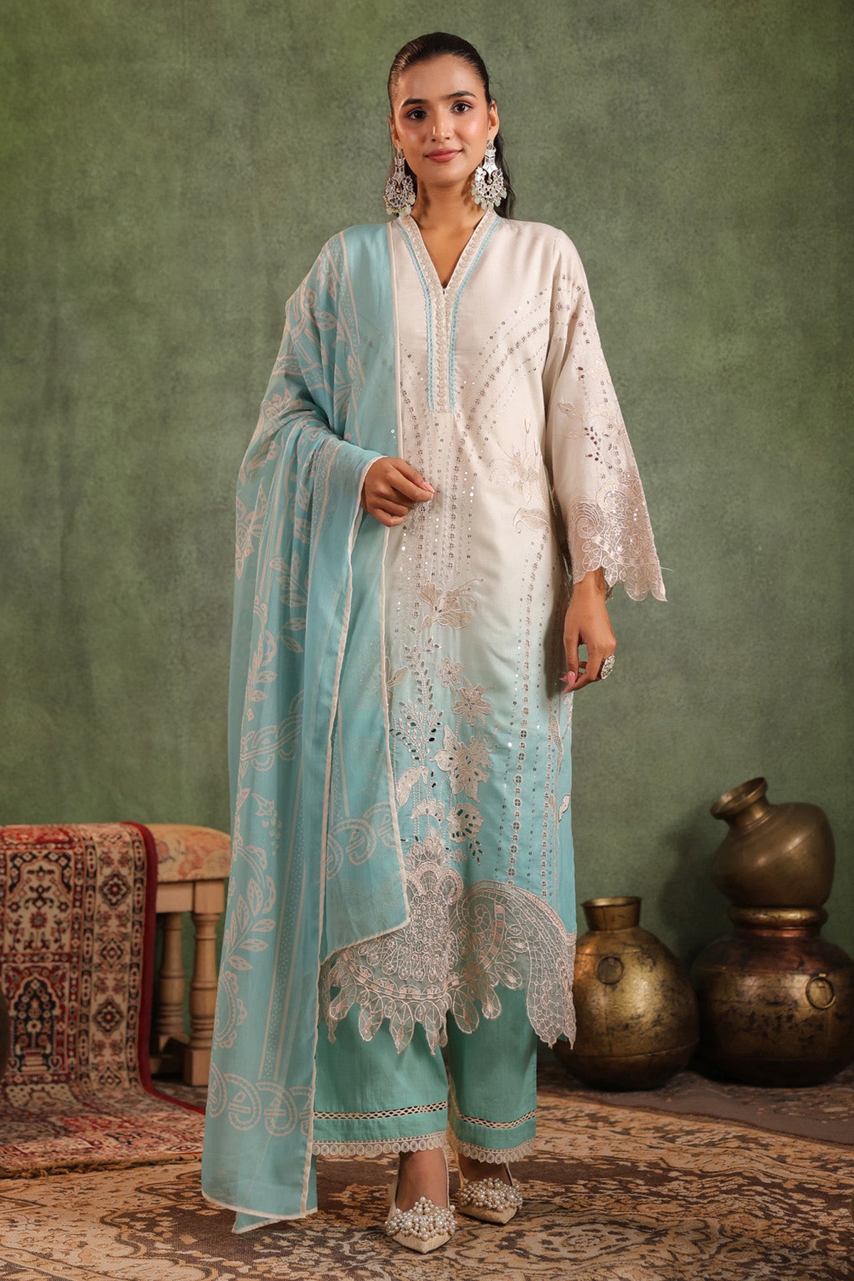 Seafoam Blue Cotton Embroidered Straight Suit Set With Dupatta