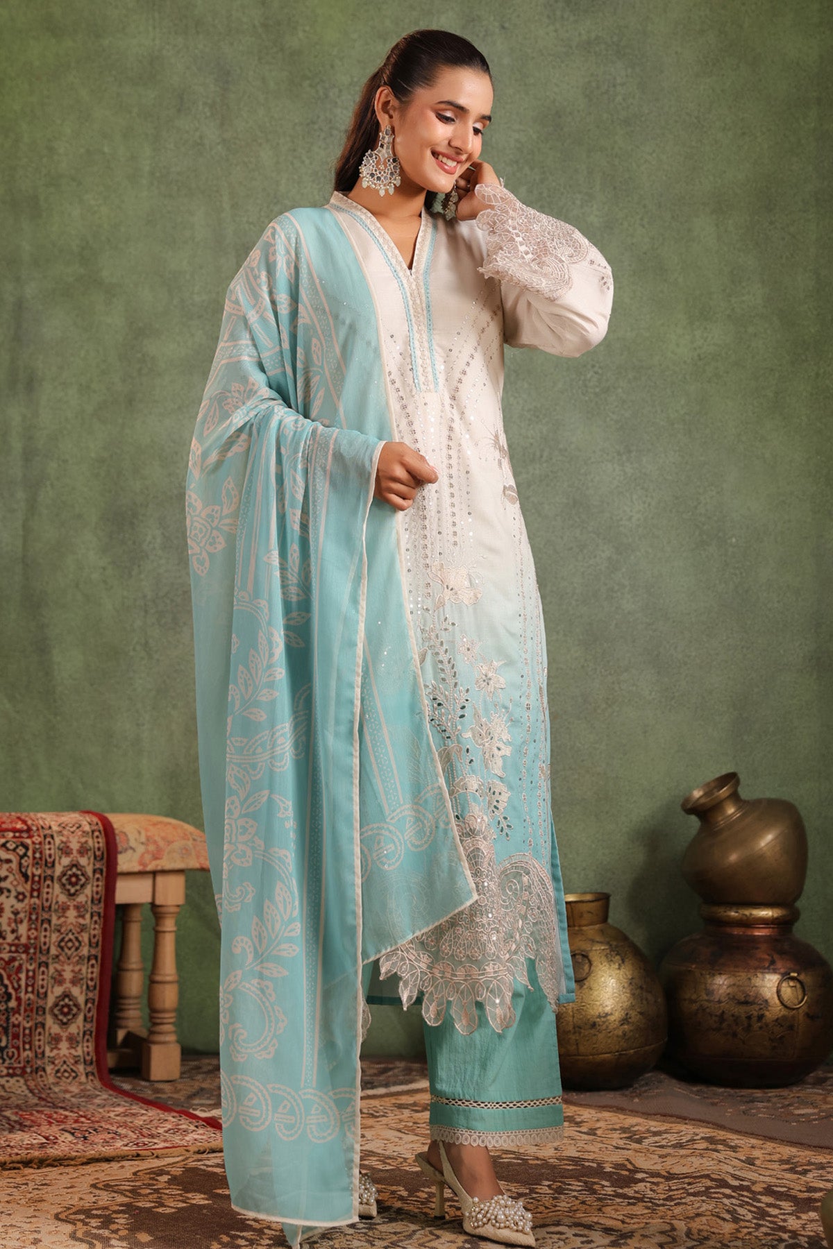 Seafoam Blue Cotton Embroidered Straight Suit Set With Dupatta