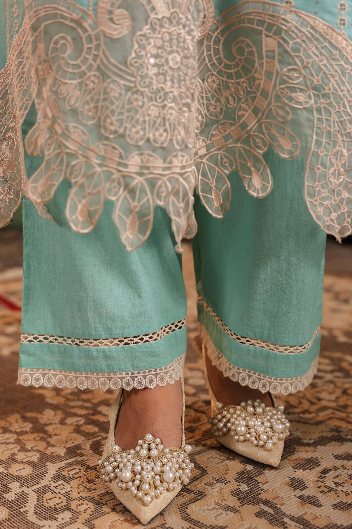 Seafoam Blue Cotton Embroidered Straight Suit Set With Dupatta