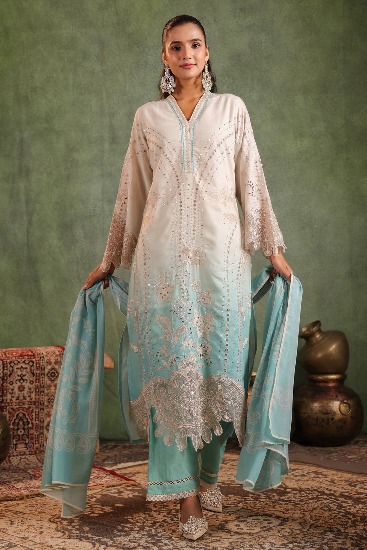 Seafoam Blue Cotton Embroidered Straight Suit Set With Dupatta