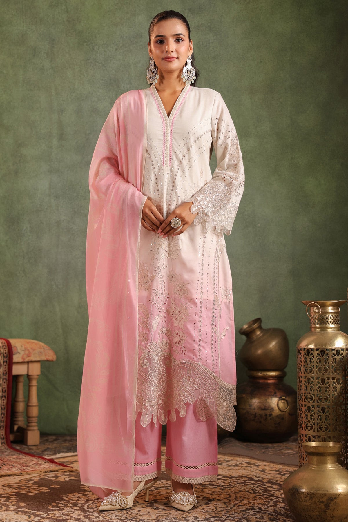 Blush Pink Cotton Embroidered Straight Suit Set With Dupatta