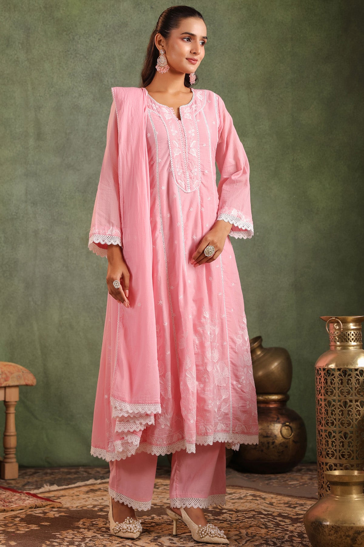 Pink Mul Mul Embroidered Suit Set