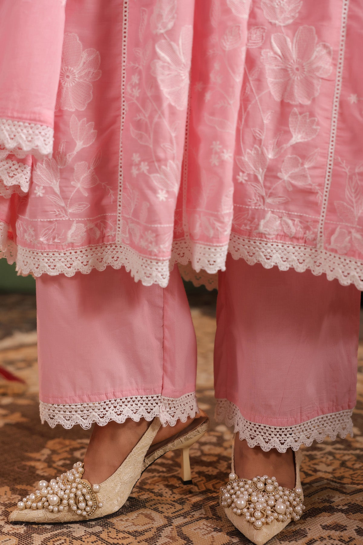 Pink Mul Mul Embroidered Suit Set