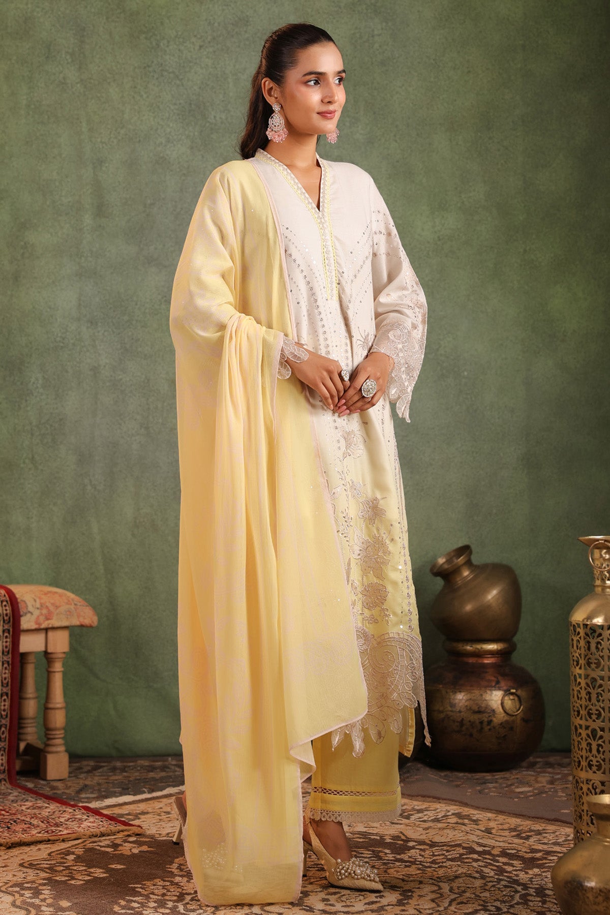 Pastel Yellow Cotton Embroidered Straight Suit Set With Dupatta