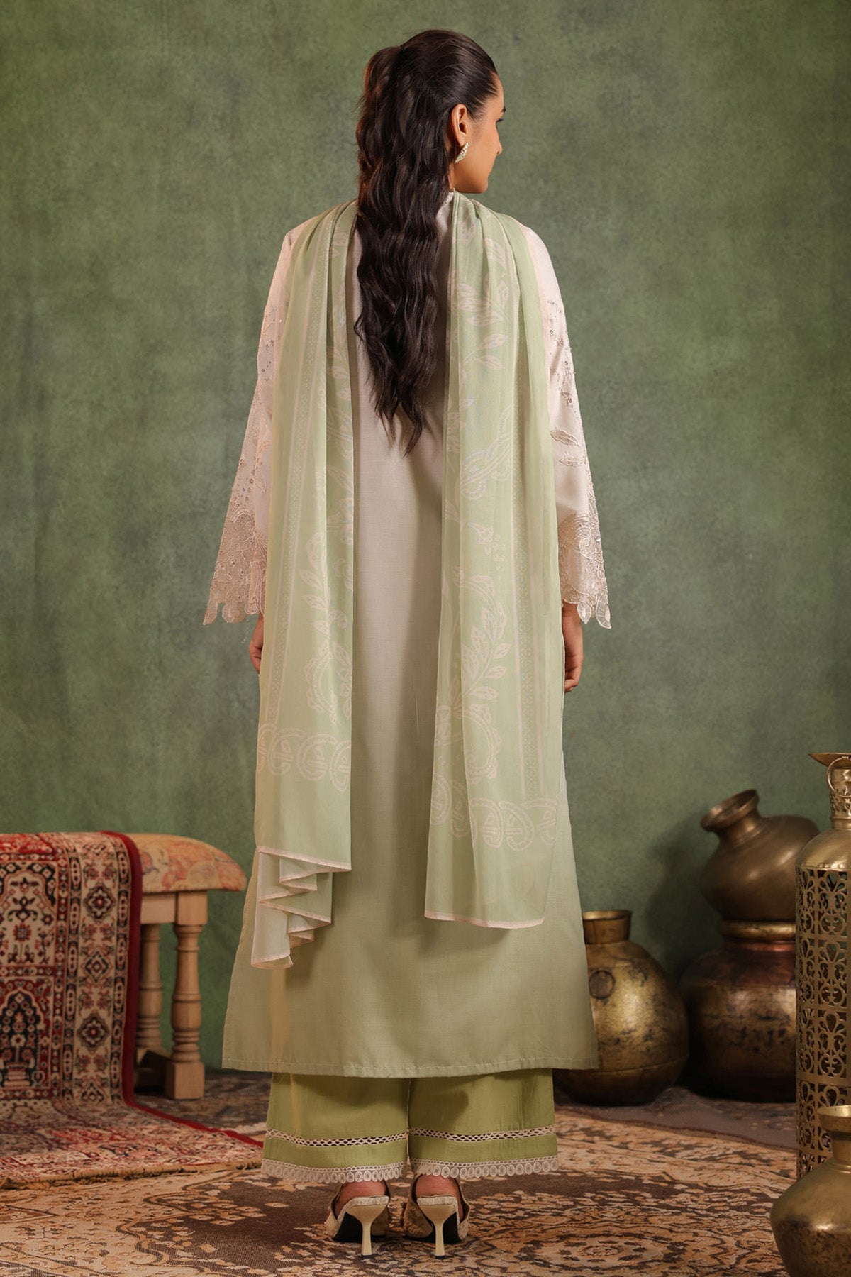 Sage Green Cotton Embroidered Straight Suit Set With Dupatta