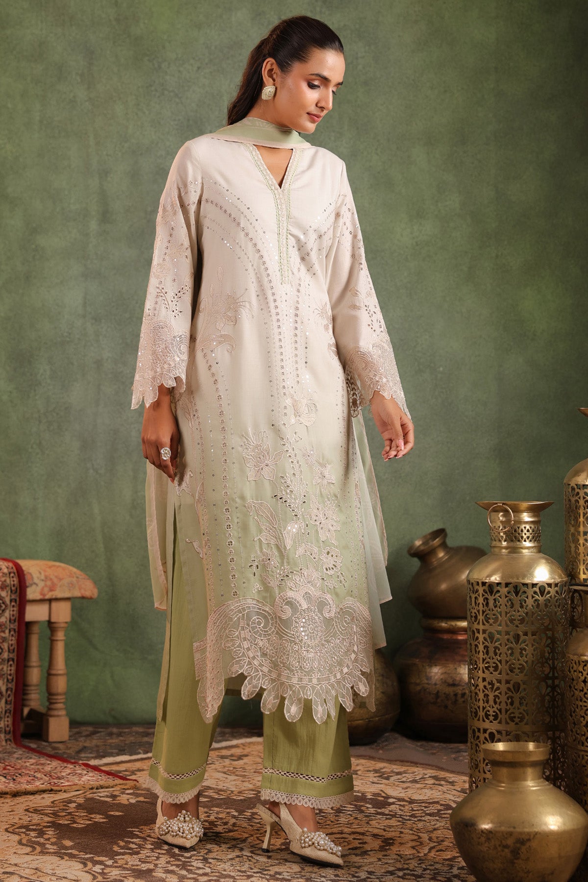 Sage Green Cotton Embroidered Straight Suit Set With Dupatta