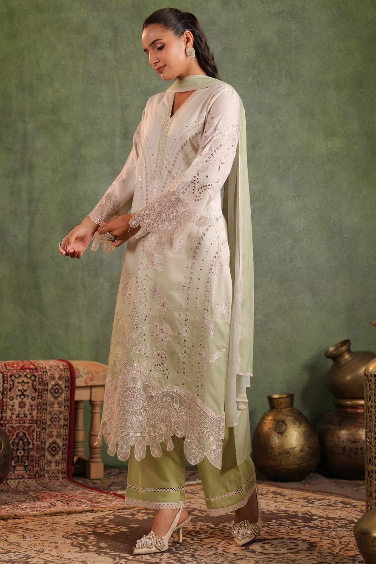 Sage Green Cotton Embroidered Straight Suit Set With Dupatta