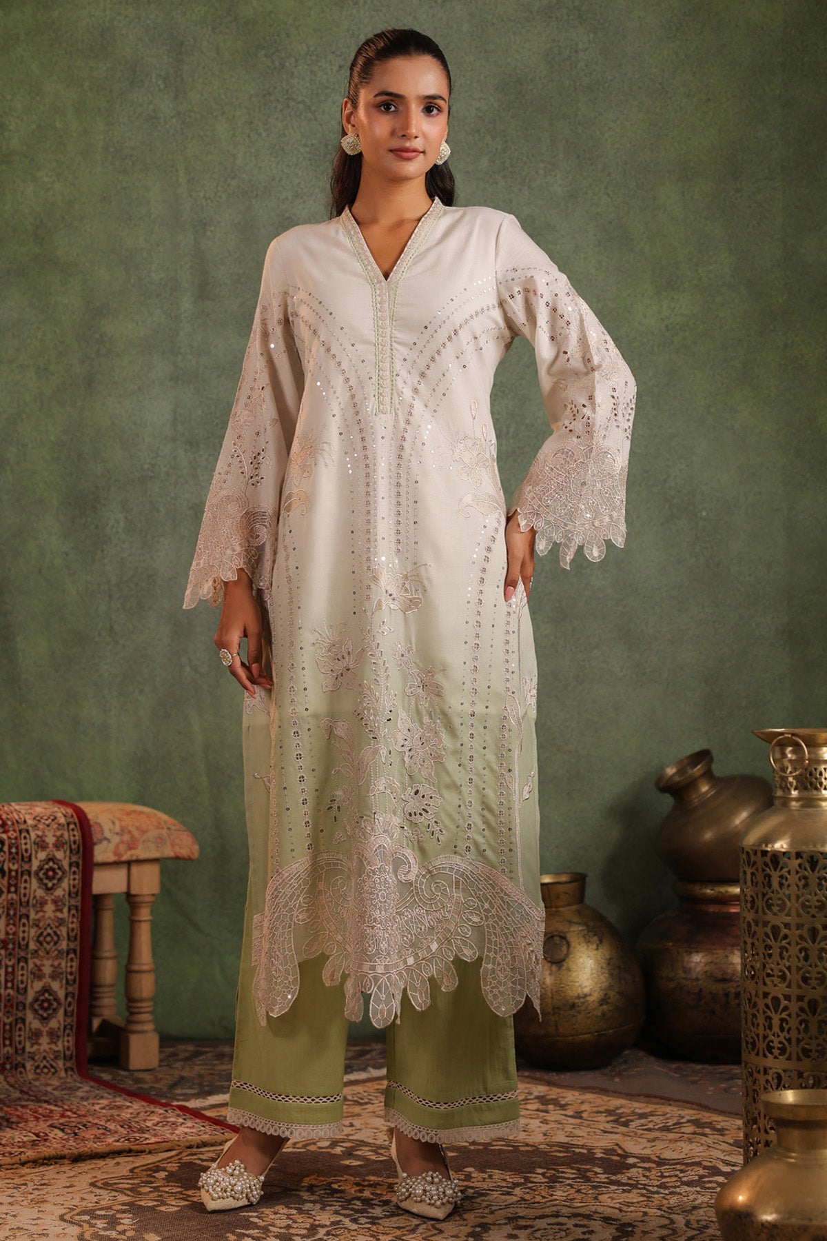 Sage Green Cotton Embroidered Straight Suit Set With Dupatta