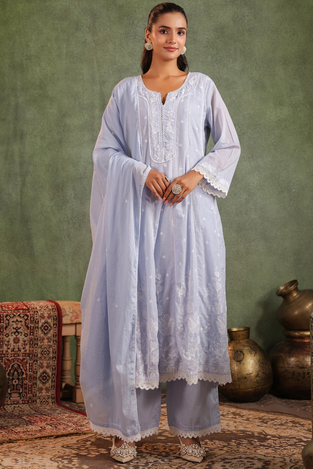 Blue Mul Mul Embroidered Suit Set