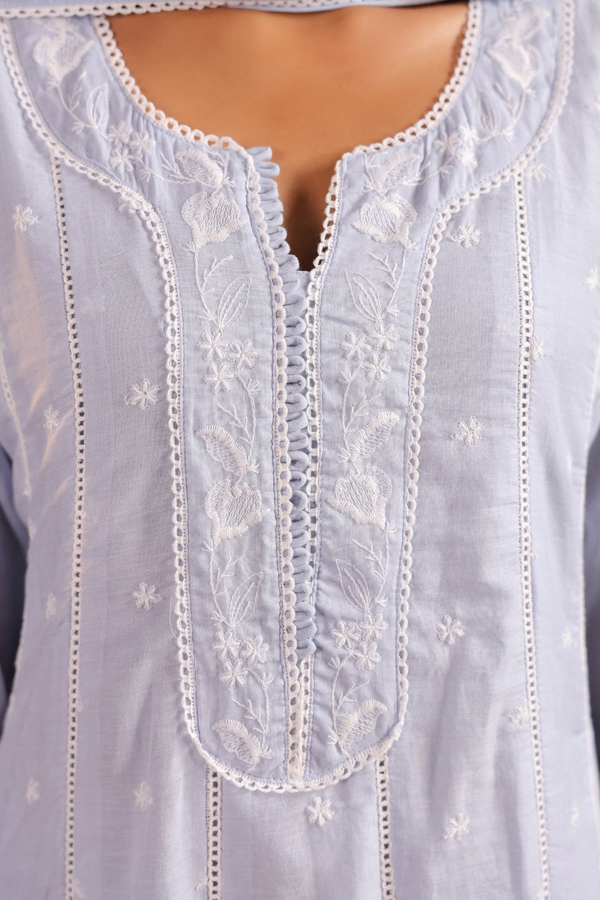 Blue Mul Mul Embroidered Suit Set