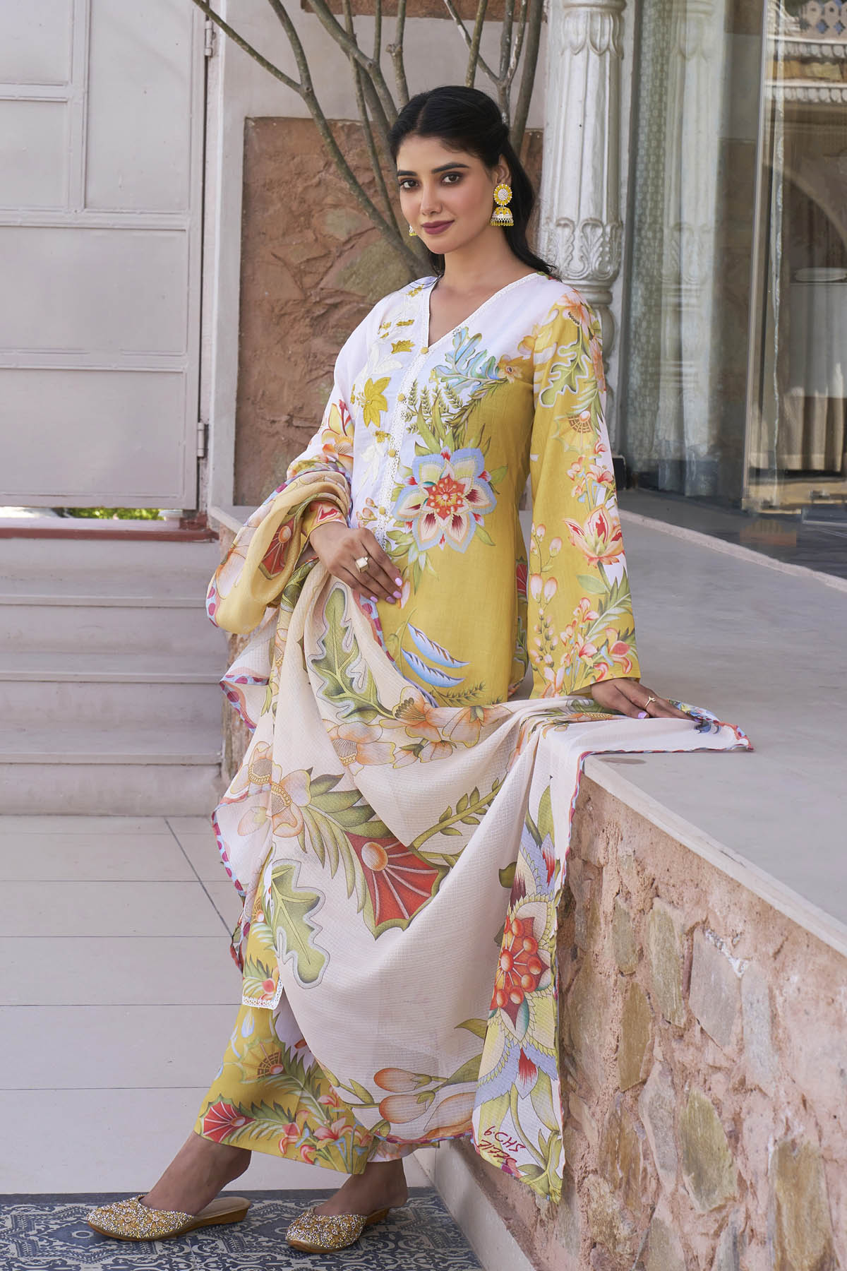 Yellow Cotton Printed Straight Suit Set