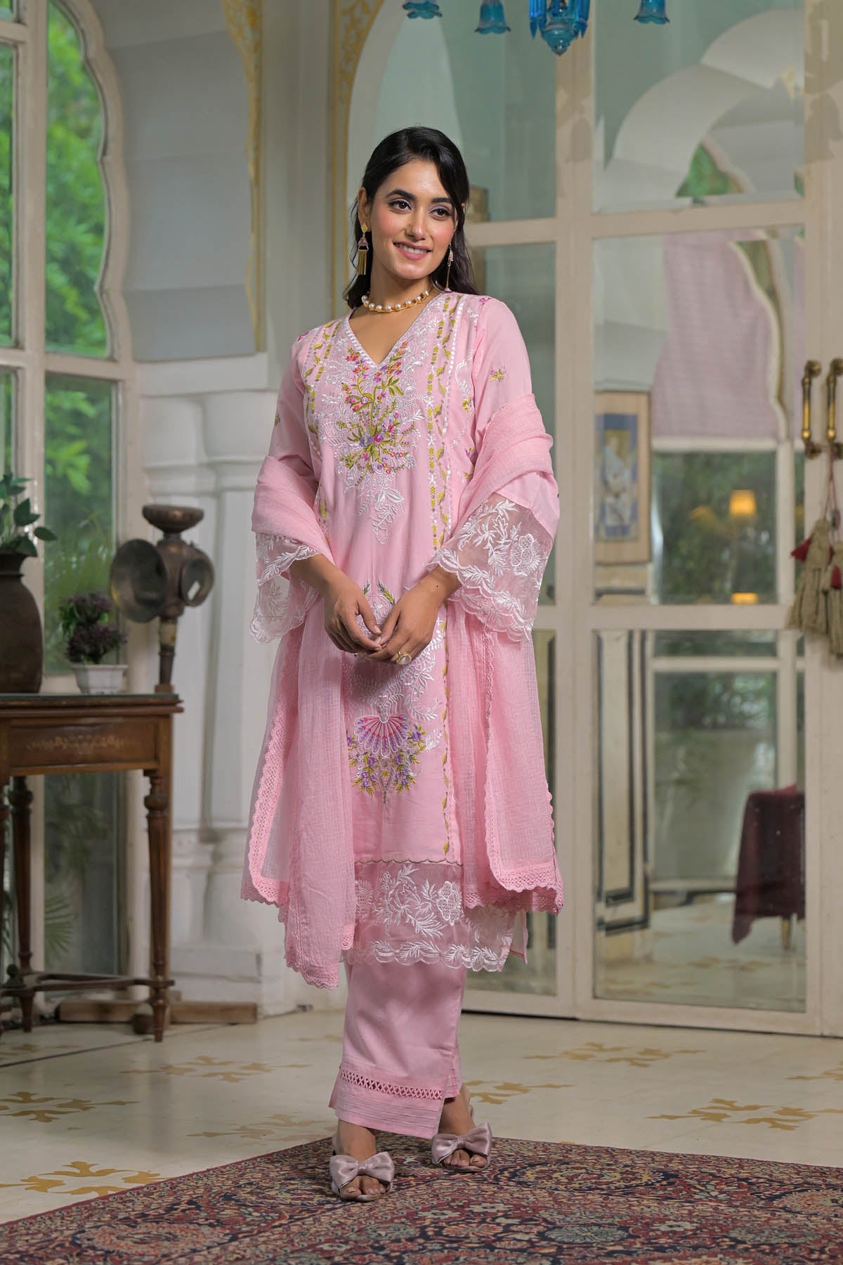 Pink Cotton Embroidered Straight Pakistani Suit Set With Dupatta