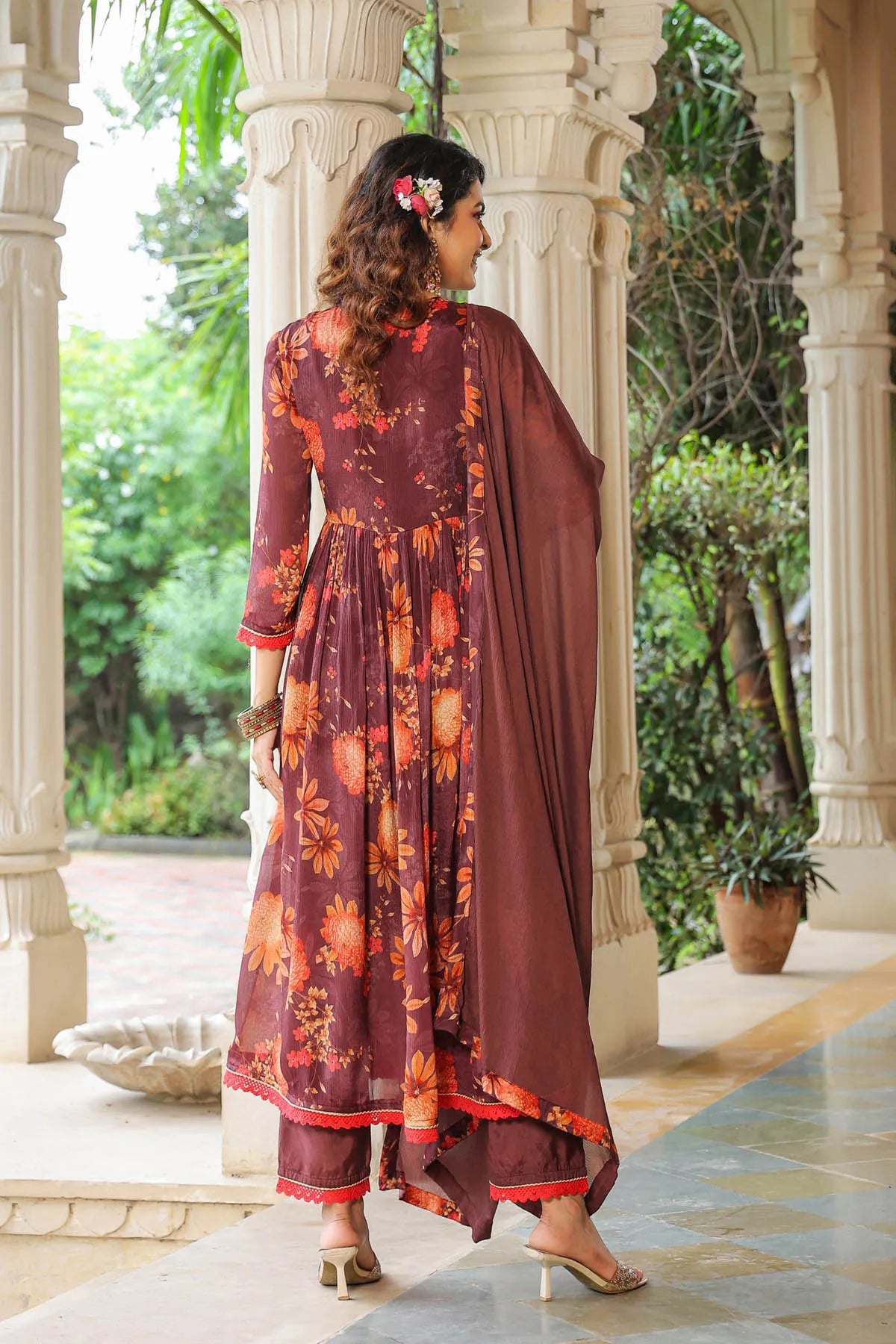 Maroon Floral Chinon Printed Anarkali Suit Set