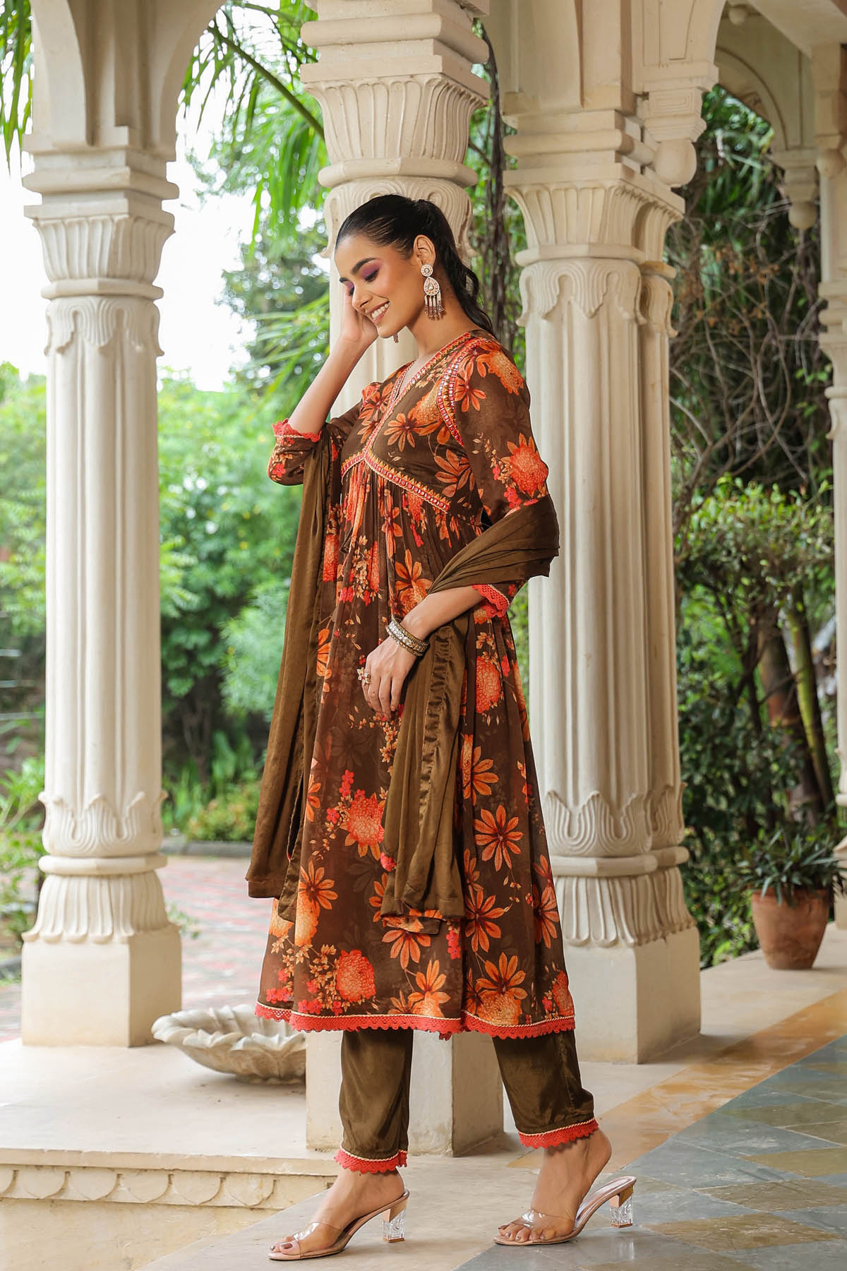 Brown Floral Chinon Printed Anarkali Suit Set