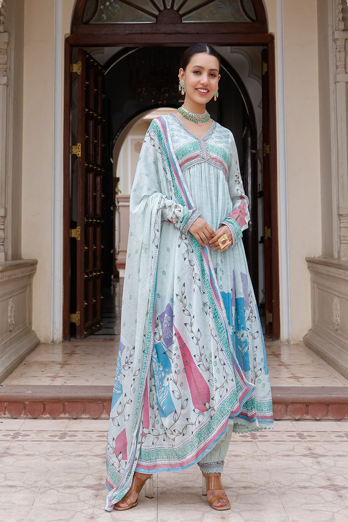 Blue Rayon Printed Anarkali Suit