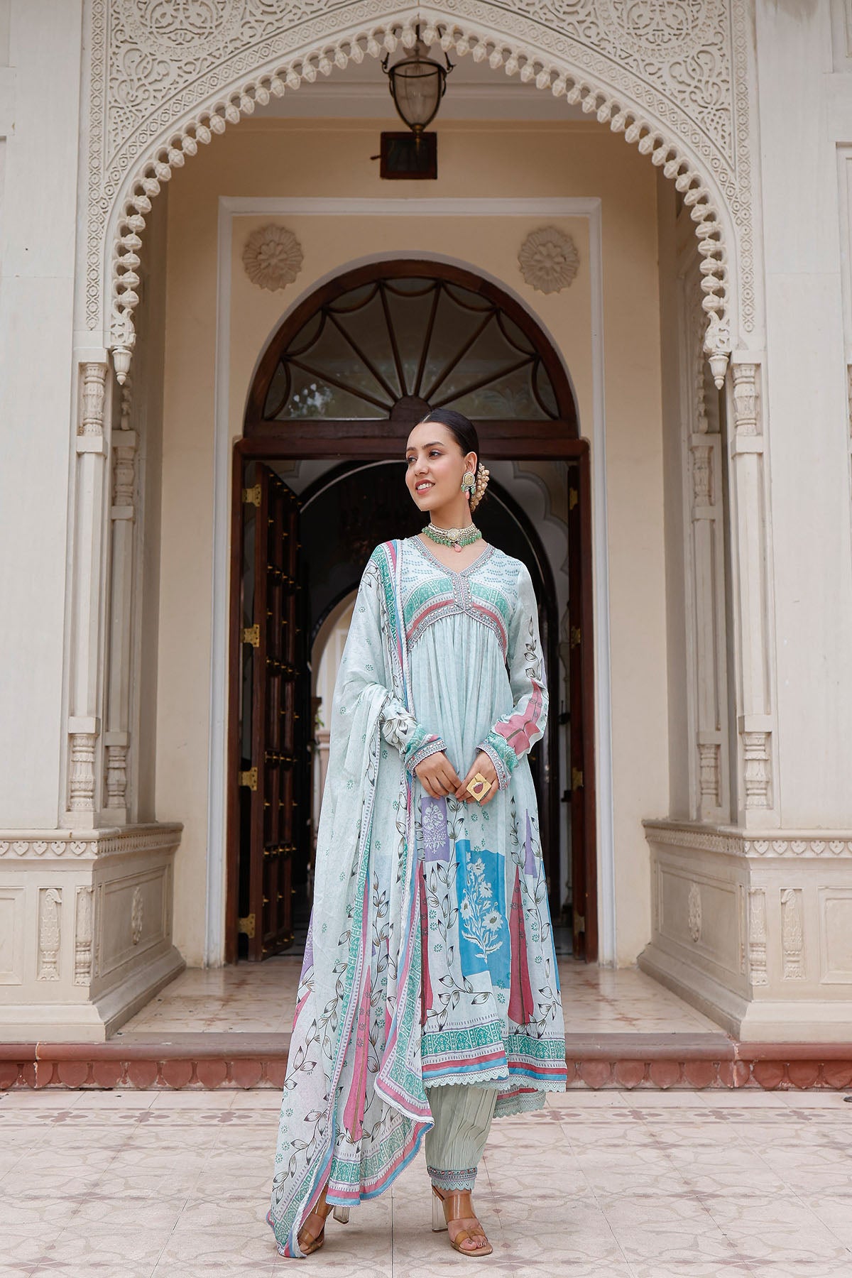 Blue Rayon Printed Anarkali Suit