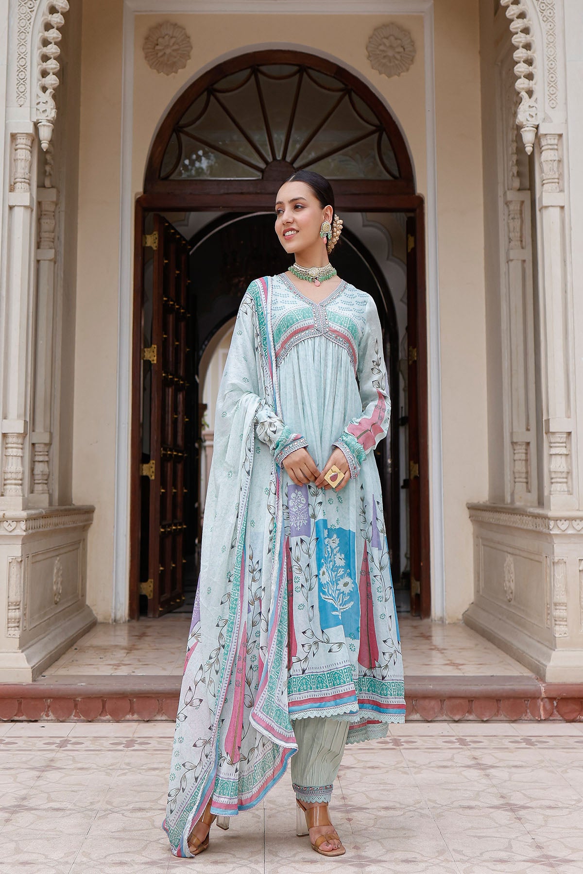 Blue Rayon Printed Anarkali Suit