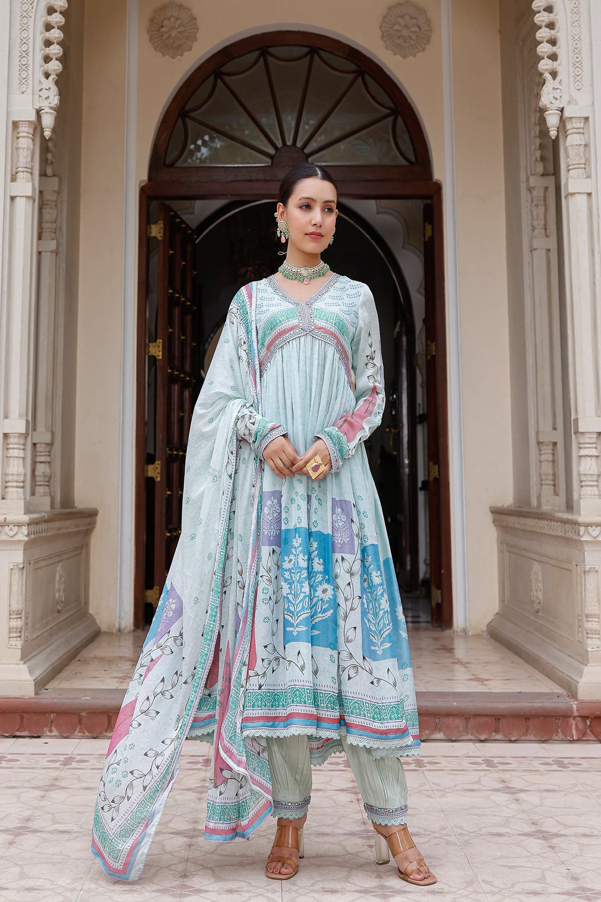 Blue Rayon Printed Anarkali Suit