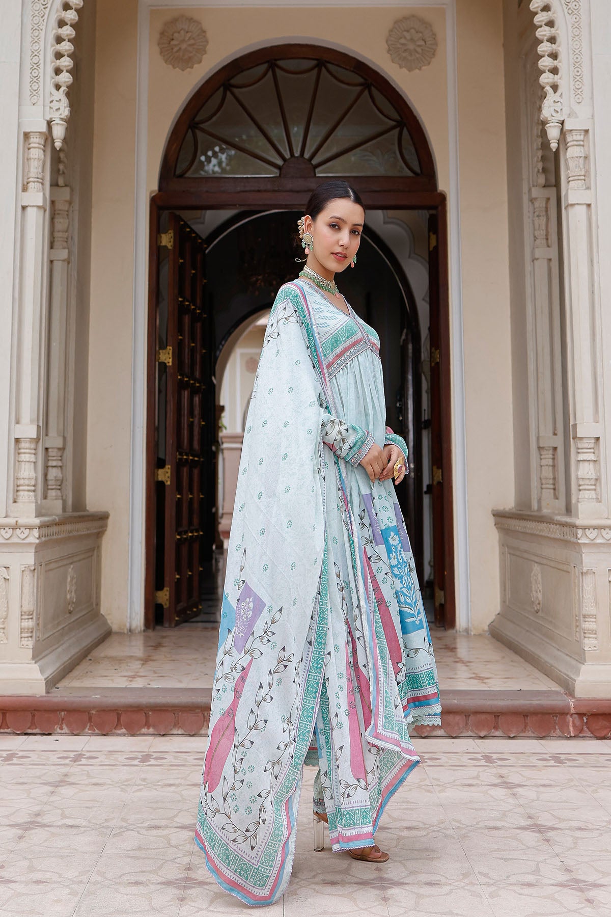 Blue Rayon Printed Anarkali Suit
