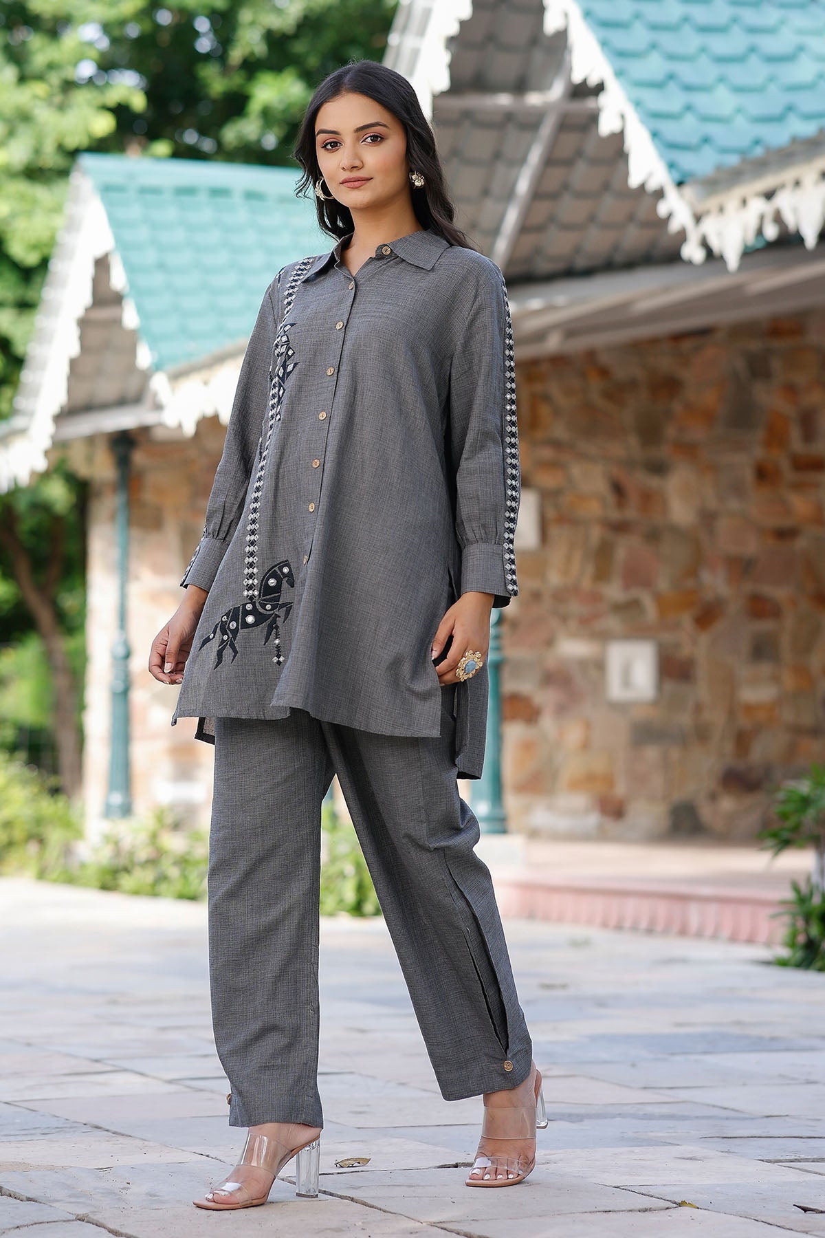 Gray Cotton Embroidered Co-Ord Set