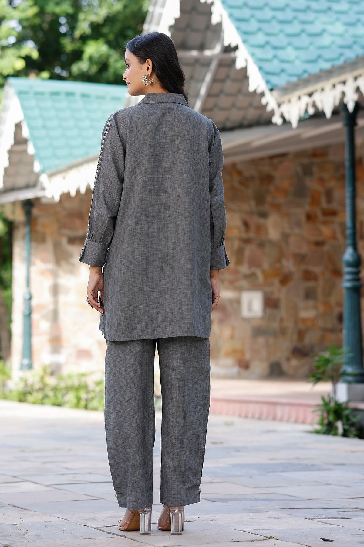 Gray Cotton Embroidered Co-Ord Set