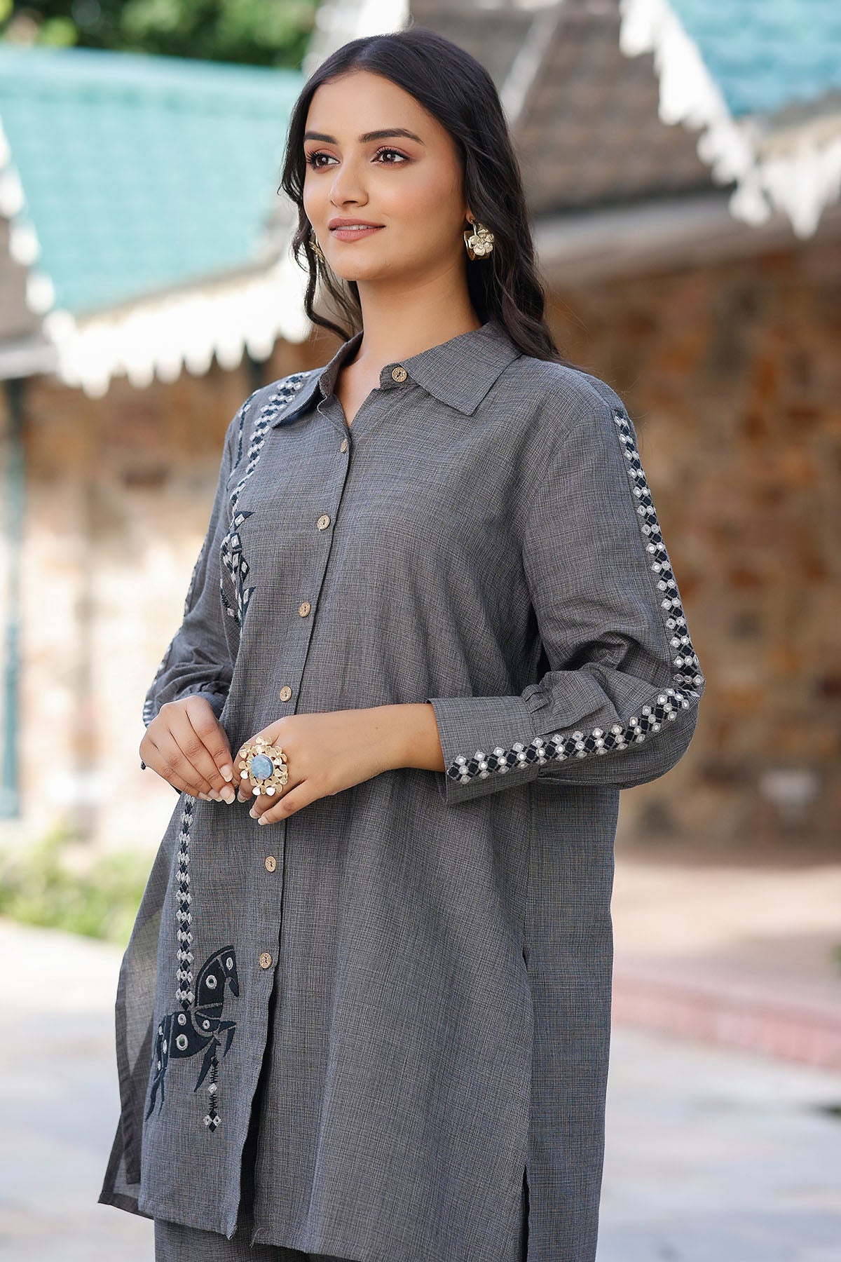 Gray Cotton Embroidered Co-Ord Set