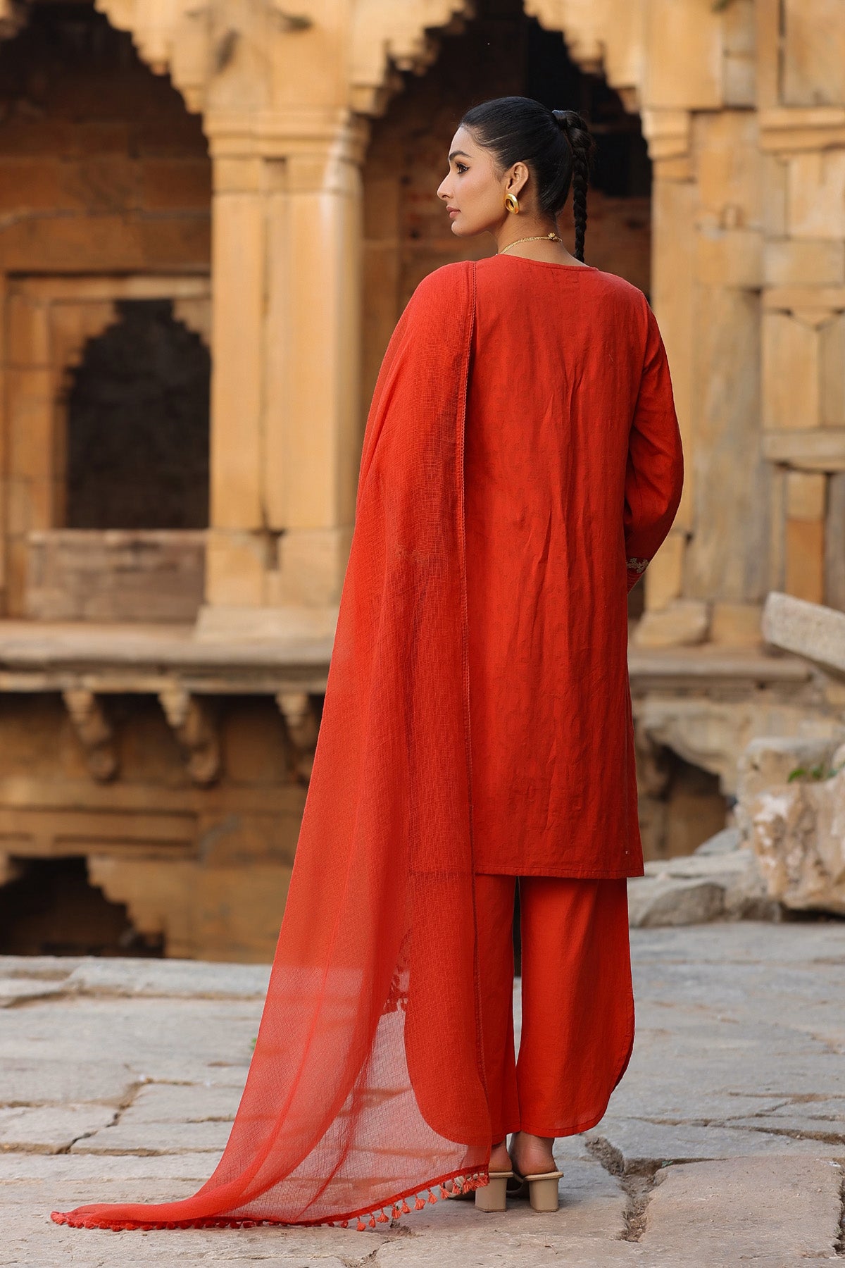 RED COTTON STRAIGHT KURTA WITH PANT AND DUPATTA