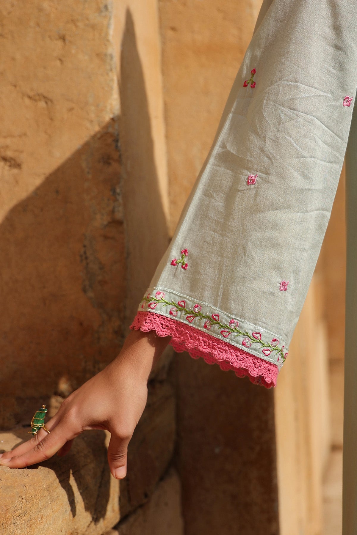 GREEN MULMUL A -LINE KURTA WITH PANT AND DUPATTA