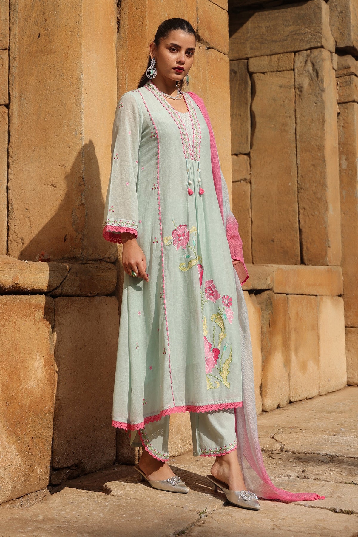 GREEN MULMUL A -LINE KURTA WITH PANT AND DUPATTA