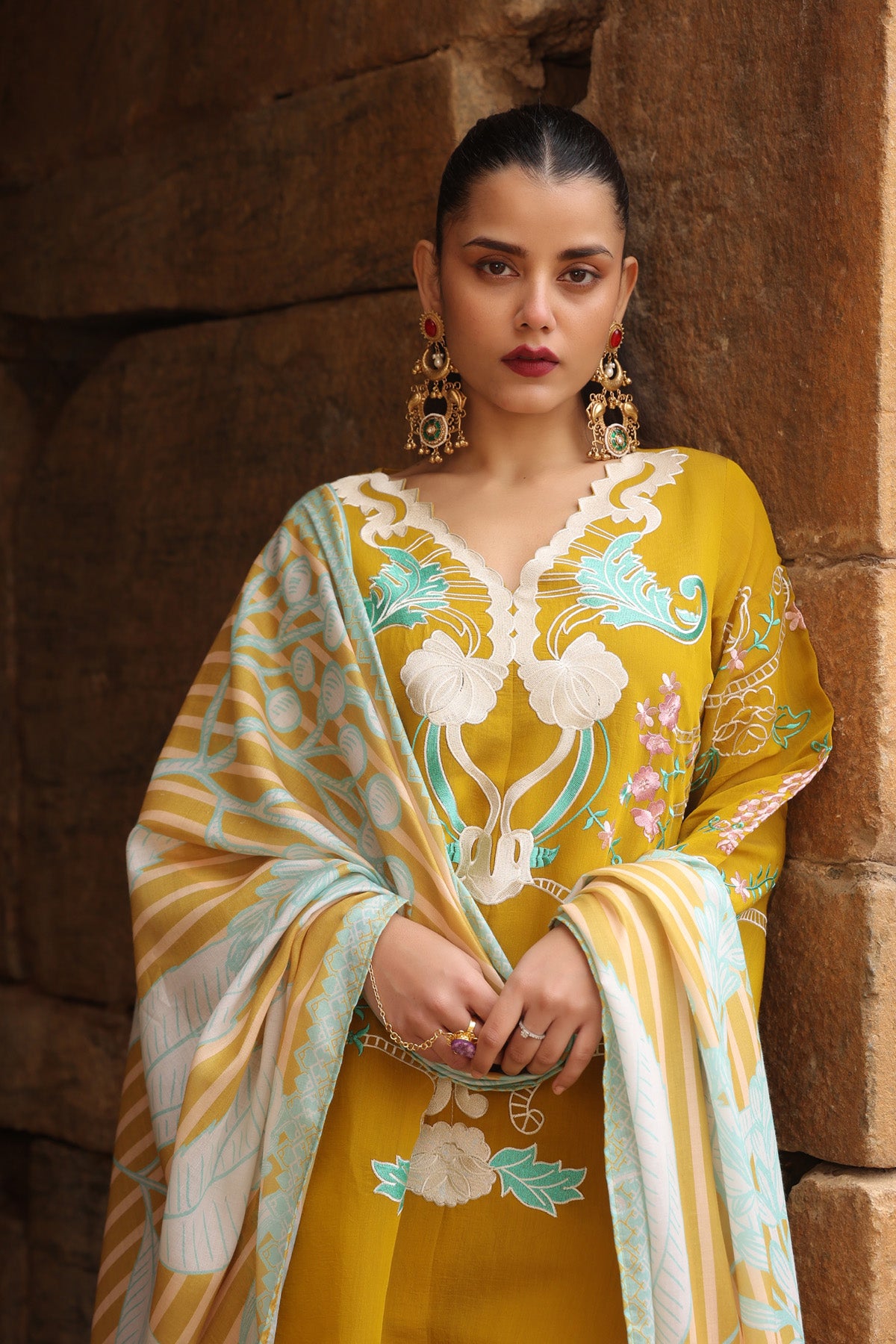 YELLOW MUL CHANDERI STRAIGHT KURTA WITH PANT AND DUPATTA